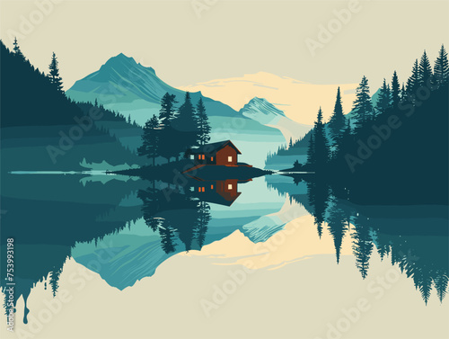 A cabin on a lake island surrounded by mountains, trees, and natural landscape