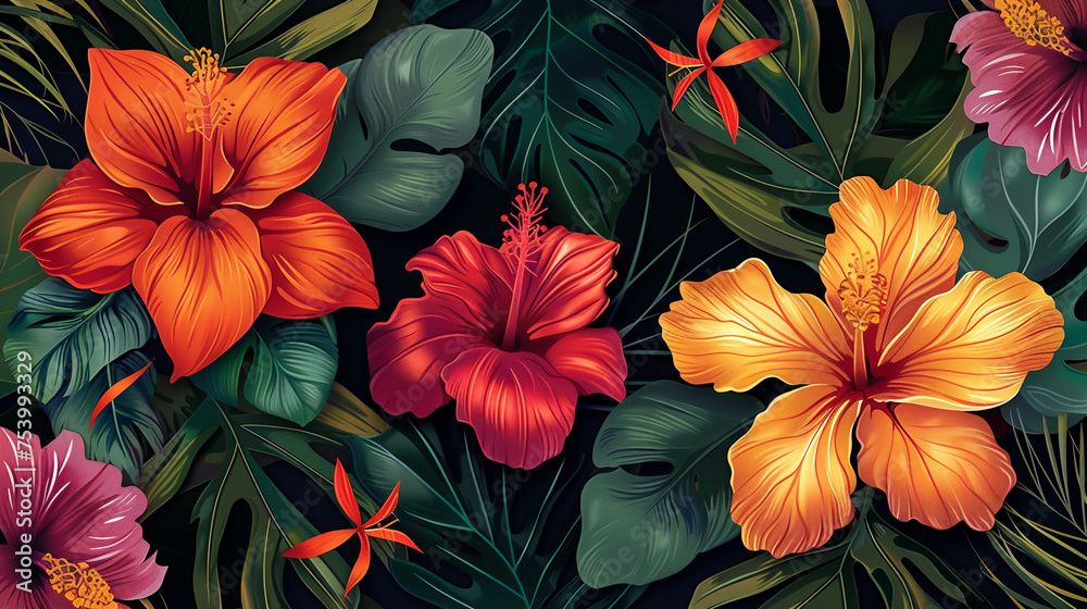 Create a vibrant botanical illustration featuring tropical plants and flowers in a seamless pattern
