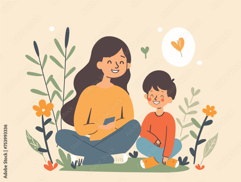 A woman and child sit on grass, sharing a happy moment with smiles and flowers