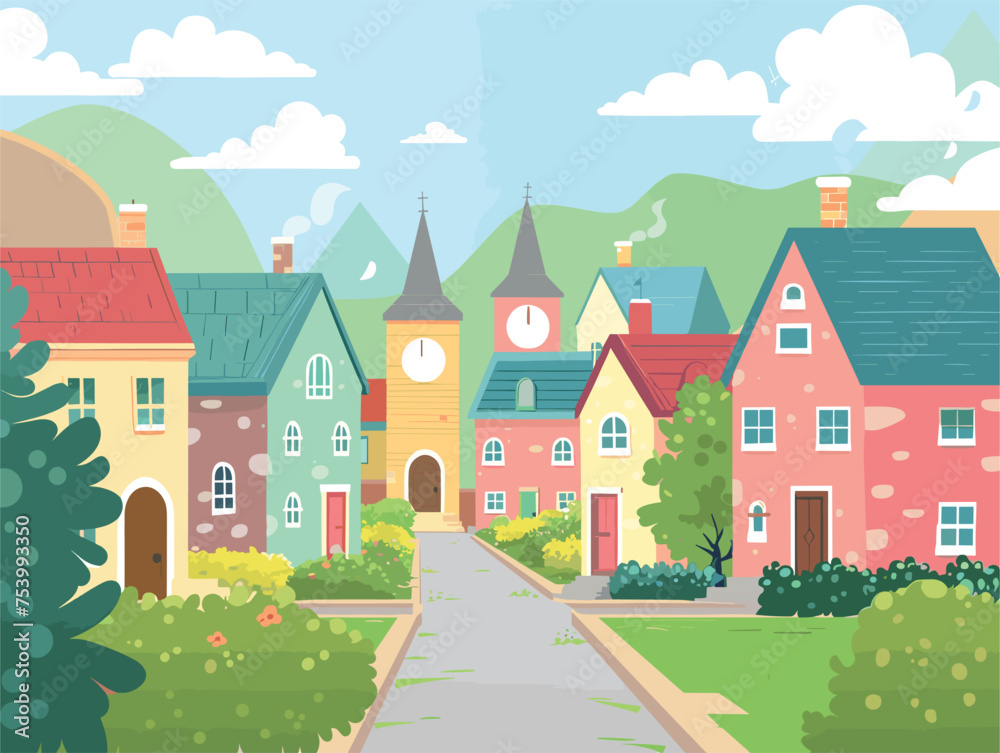 Vibrant town with colorful houses and clock tower under blue skies