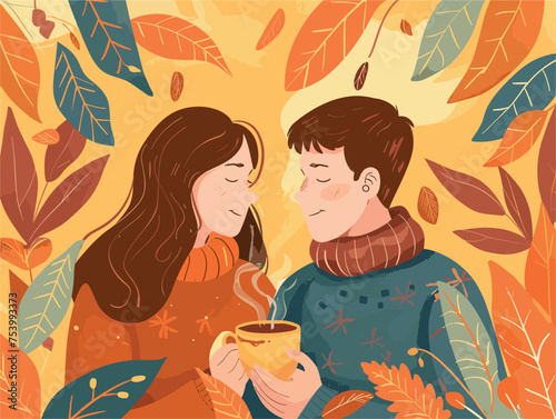 Man and woman gazing with happy expressions, holding coffee cups and smiling
