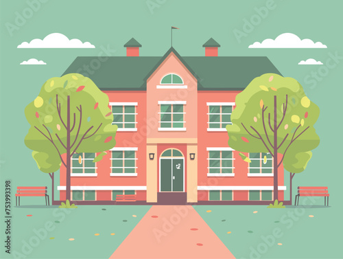 Artistic illustration of school building surrounded by trees