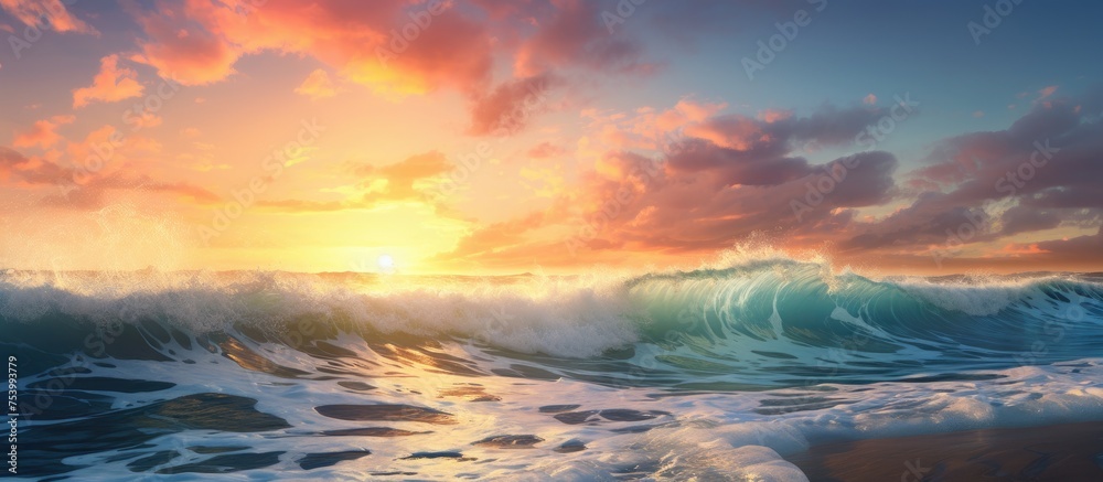A painting depicting a vibrant sunset casting a warm glow over the ocean. The sun is low on the horizon, illuminating the water with shades of orange, pink, and purple. Gentle waves are visible