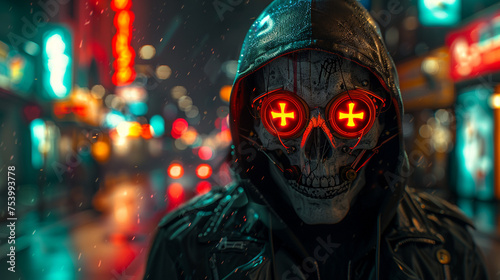 Fashion cyberpunk girl in leather hoodie jacket wears gas mask with protective glasses, filters. Colorful 3d render of human skull with cross in eyes, glowing green wires on night light bokeh in city