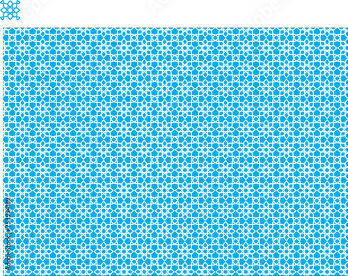 Blue Islamic pattern. Blue arabesque background. Repeated morocco golden motif for design prints. Repeat arabian texture. Arab ornate girih patern. Ornament stars. Vector illustration