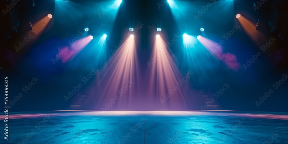Stage Spotlight with Red and Blue Spotlights, Stage Scene Background. - obrazy, fototapety, plakaty 