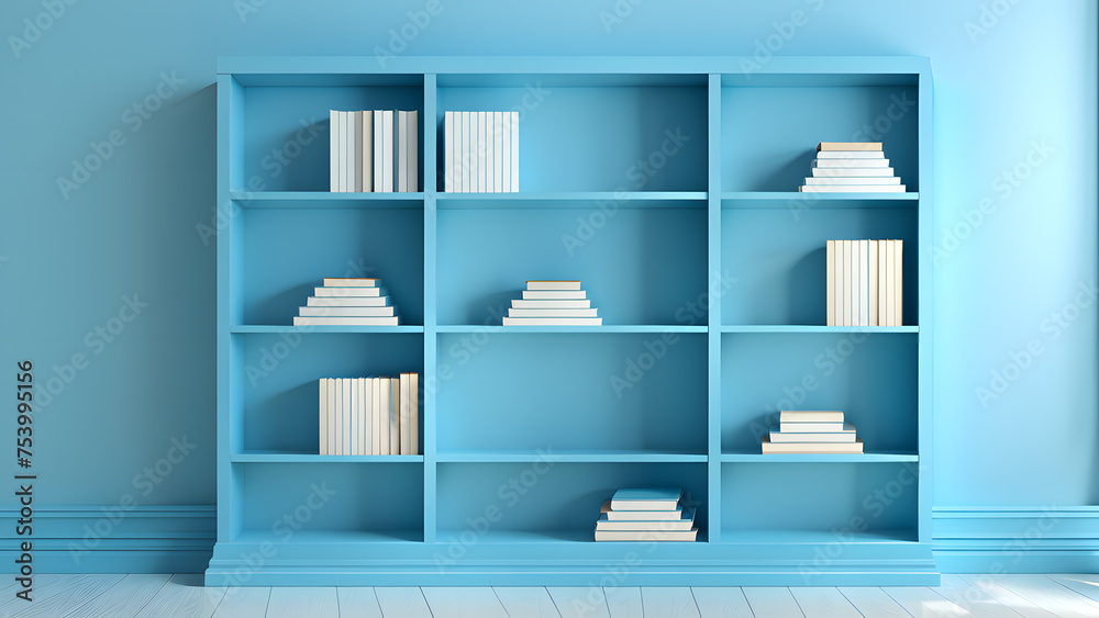 Empowering 3D Blue Library Interior with Bookcase Shelves for ...