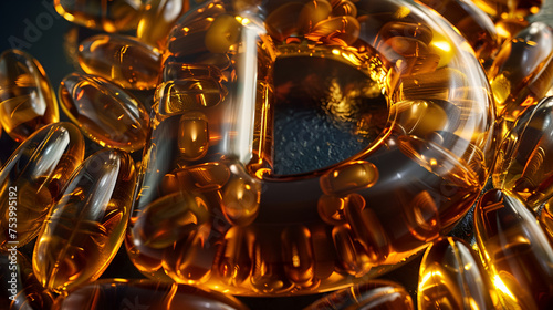 Many Vitamin D capsules in shape of letter D on black background. generative ai 