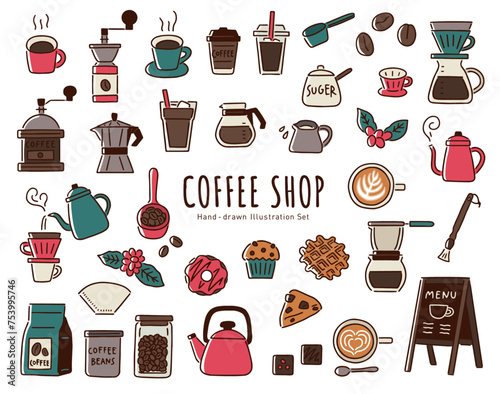 カフェ・コーヒーショップの道具や小物の手書きベクターイラストセット／コーヒーカップ・豆など／線画