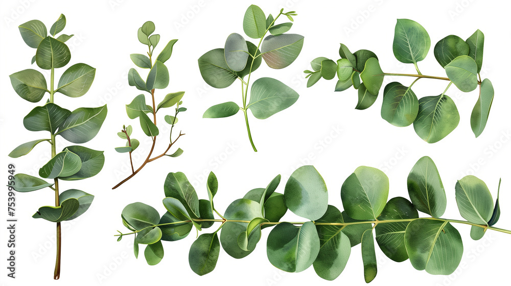 A set of green leaves with one of them being a leaf of a eucalyptus tree A set of green leaves with one of them being a leaf of a eucalyptus tree