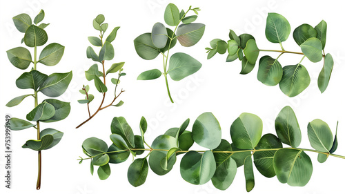 A set of green leaves with one of them being a leaf of a eucalyptus tree