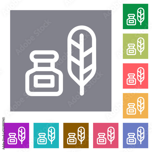 Inkwell and quill outline square flat icons