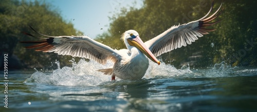 A pelican flaps its wings gracefully as it swims through the water in a captivating slow pan shot, showcasing its majestic movements in detail.
