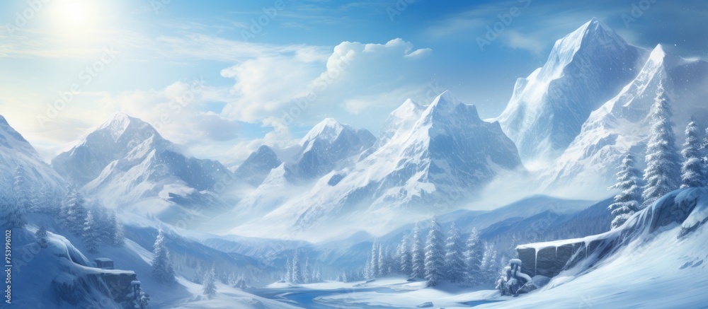 Obraz premium A painting showcasing a winter wonderland with majestic snowy mountains towering in the background, contrasting against the serene snowy landscape below. The scene captures the beauty and harshness of