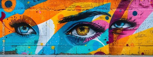 Vibrant street mural of stylized eyes with a multicolored abstract background on an urban wall.