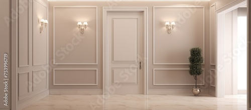A modern, minimalistic white room with beige walls featuring two white doors and a simple vase placed on the floor. The room exudes a clean and understated aesthetic.