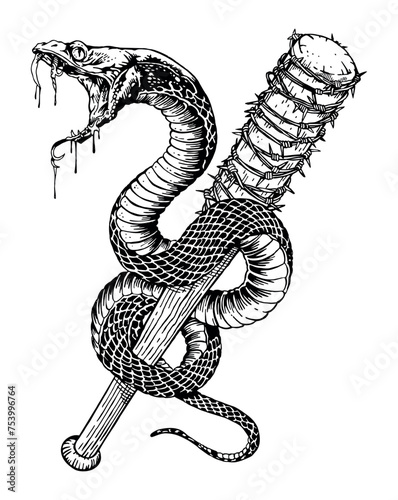 Manual vector illustration, in free and stripped strokes, of a snake wrapped around a baseball bat. Tattoo art, print on t-shirts, etc...