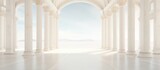 A white room with columns and a sky background, showcasing abstract architecture and conceptual design. The empty wide hall features columns and balks, creating a minimalist and modern aesthetic.