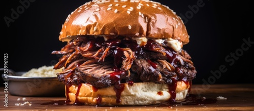 A large sandwich featuring succulent Angus brisket meat smothered in sauce, sandwiched between a fluffy bun.