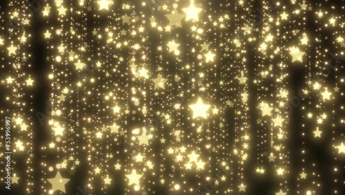 Falling gold star glitter particles background of golden light. Seamless loop.