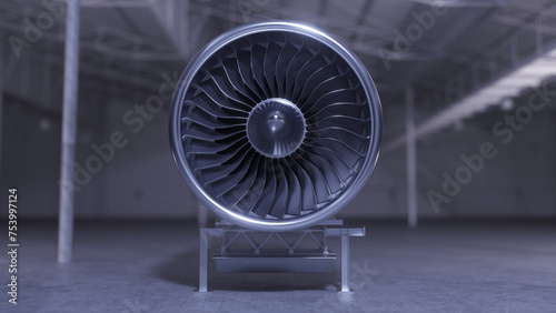 3D Airplane Jet Turbine Engine maintenance in hangar warehouse. photo