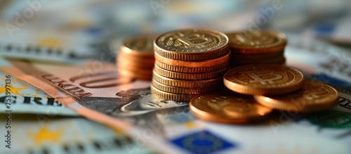 EU euro coins on heap of euro bills photo