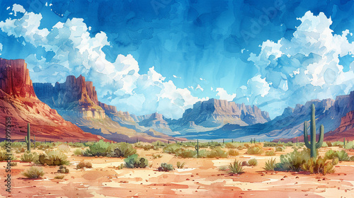 Watercolor background with desert and cacti