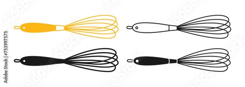 Kitchen Whisk linear icon, cartoon symbol set. Simple whisk equipment tool for mixing and whisking cooking food. Simple symbol sign, silhouettes shape for infographic, website app logo. Vector utensil
