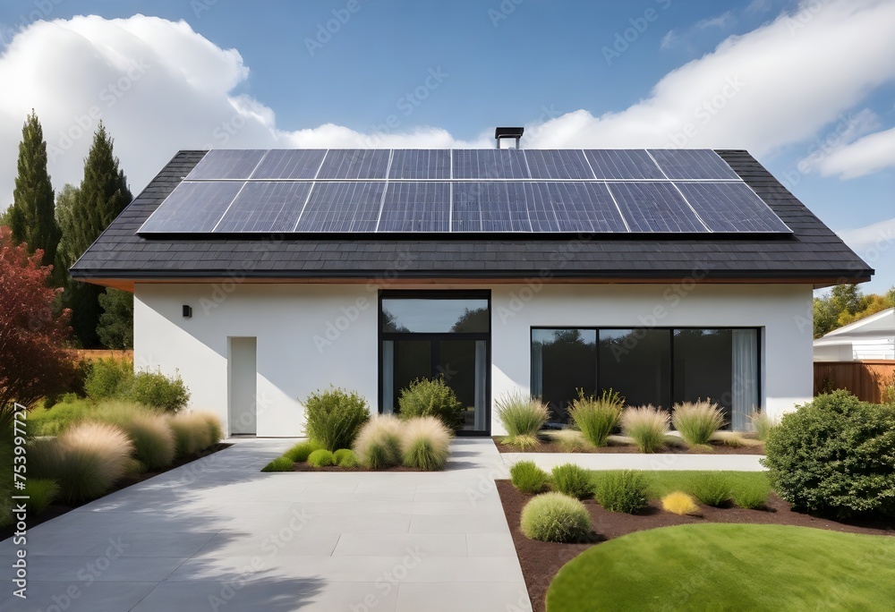 New suburban house with a photovoltaic system on the roof. Modern eco ...
