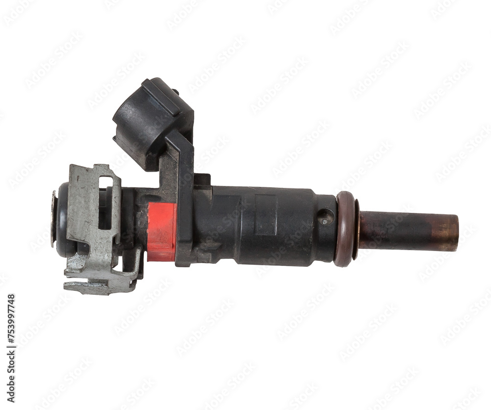 Close-up on a car fuel injector for supplying gasoline to cylinder engine on a white isolated background. Spare parts catalog.