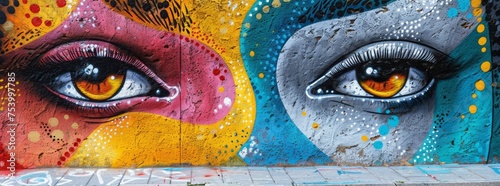 Realistic eyes painted on a colorful, abstract urban wall with dynamic splatters and dots. © DailyStock