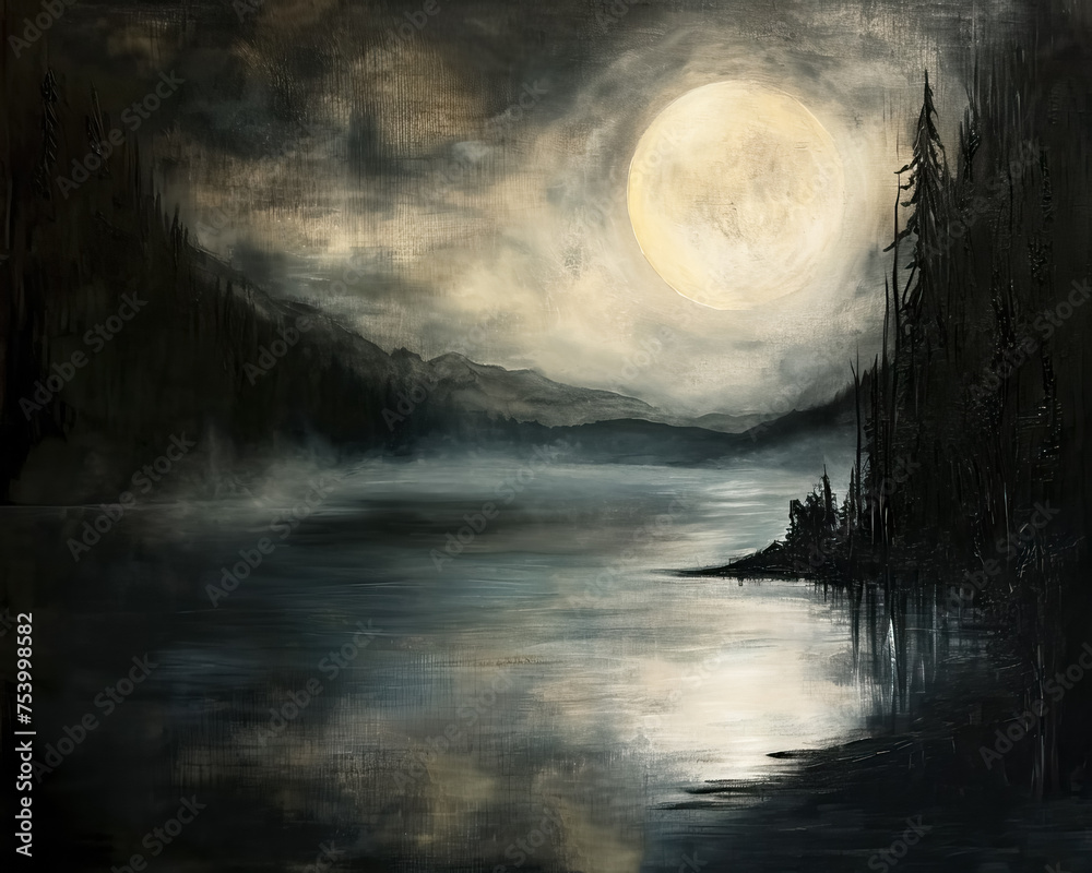 Dark Landscape Under the Moonlight, Lake Forest, Moody Oil Painting