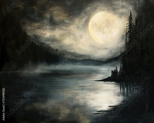 Dark Landscape Under the Moonlight  Lake Forest  Moody Oil Painting