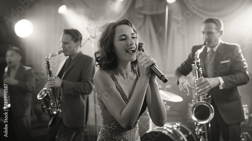 In a black and white photo, a woman sings into a microphone in front of a jazz band inside a smoky nightclub.