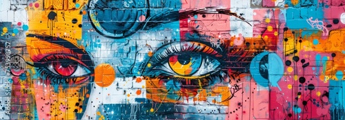 Dynamic street art featuring detailed eyes amidst a splash of abstract, colorful graffiti.