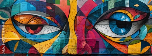 Intricate urban street mural featuring a collage of expressive eyes with a colorful abstract background.