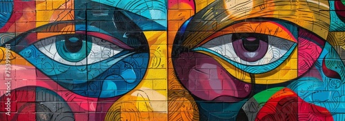 Intricate urban street mural featuring a collage of expressive eyes with a colorful abstract background.