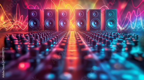 Music sounds speaker system on colorful bokeh background, infront of sound equipment control button, abstract background design in sound engineering concept, sound editting,