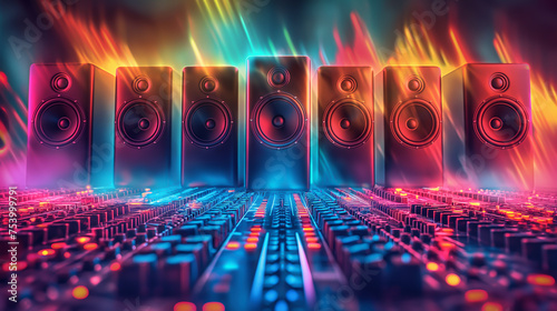 Music sounds speaker system on colorful bokeh background, infront of sound equipment control button, abstract background design in sound engineering concept, sound editting,