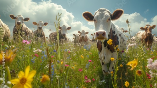 Curious cows among vibrant wildflowers, a quintessence of pastoral life.