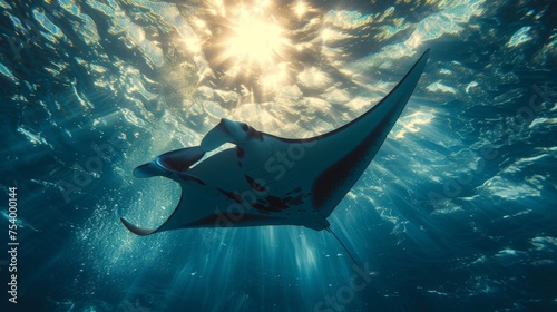 Manta ray gliding under ocean waves, sunlight highlighting its graceful motion.