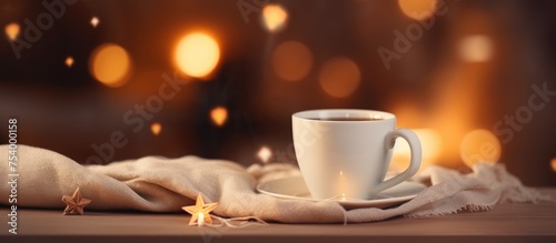 A cozy composition featuring a cup of coffee placed on a wooden table with a blurred background of books and bokeh lights.