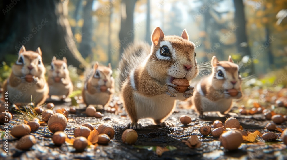 Chipmunk gathering acorns on a forest path.
