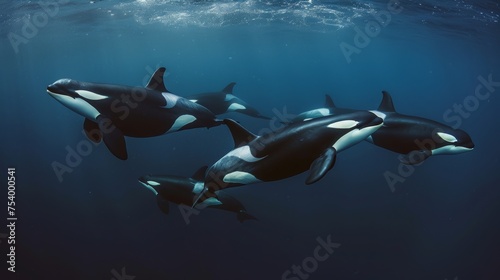 A pod of orcas swimming gracefully in the deep blue ocean.