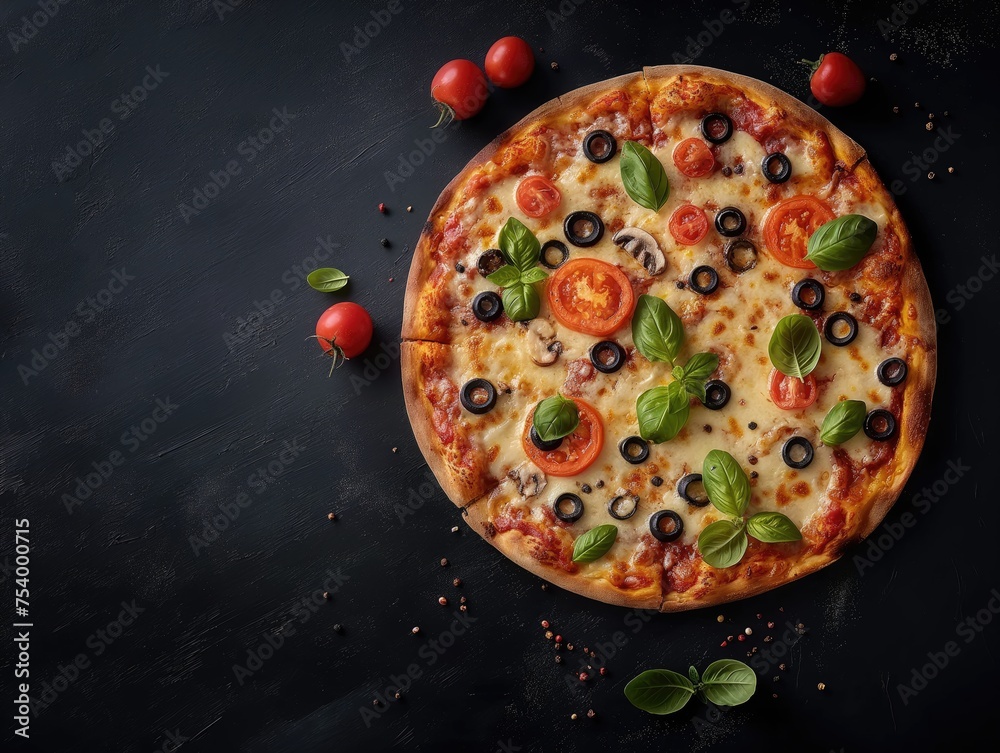 Classic Italian Pizza with Tomatoes, Olives, and Basil - Elegant Dark Table Setting