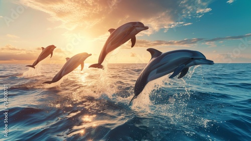  Dolphins in mid-jump against a sunset backdrop over the sea  splashing water.