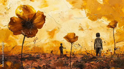 flowers blooming in cleared minefields with children playing - AI Generated photo