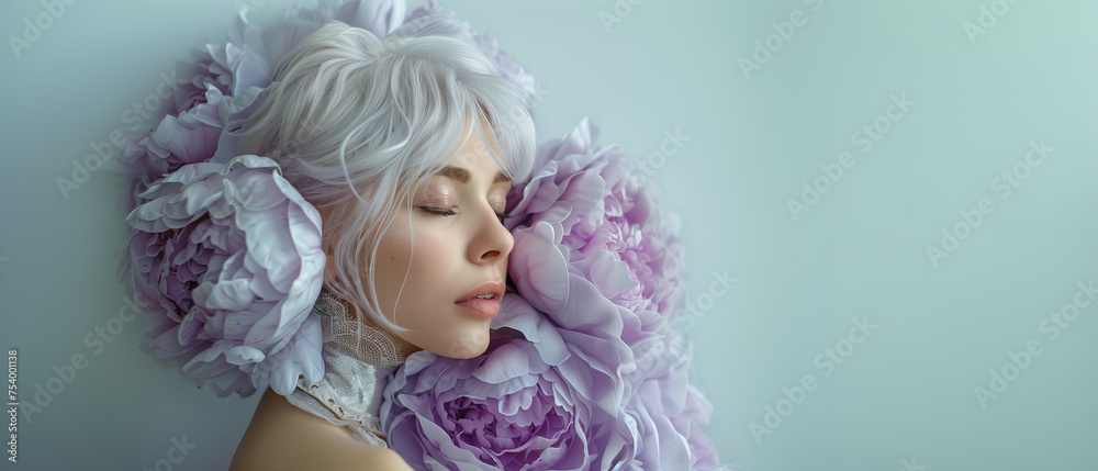 Fashion photography in gentle lavender colors with copy space.
Profile of a girl with closed eyes and flowers