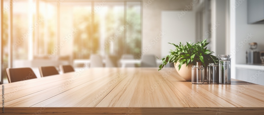 A wooden table in a clean, modern interior design setting, with a potted plant placed on top of it. The table is part of a contemporary kitchen island setup, featuring wooden dining chairs, A wooden table in a clean, modern interior design setting, with a potted plant placed on top of it. The table is part of a contemporary kitchen island setup, featuring wooden dining chairs,