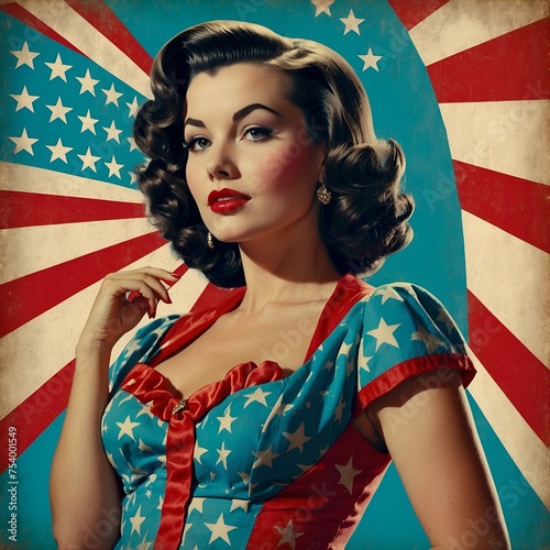 vintage poster illustration, the lady in a dress from a 1950s pop art poster, in the style of patriotic